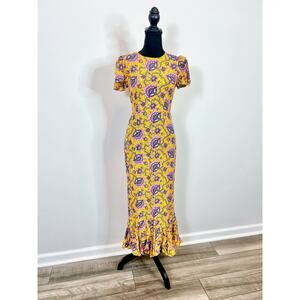 Rhode Lulani Midi Dress in Gold Lotus‎ Printed Size 0 Floral Fluted Hem Lined
